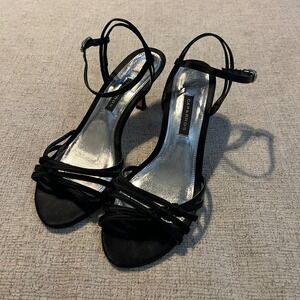 Caparros Valene Black Silk Strappy Kitten Heel Sandals Rhinestone Buckle Size 6B